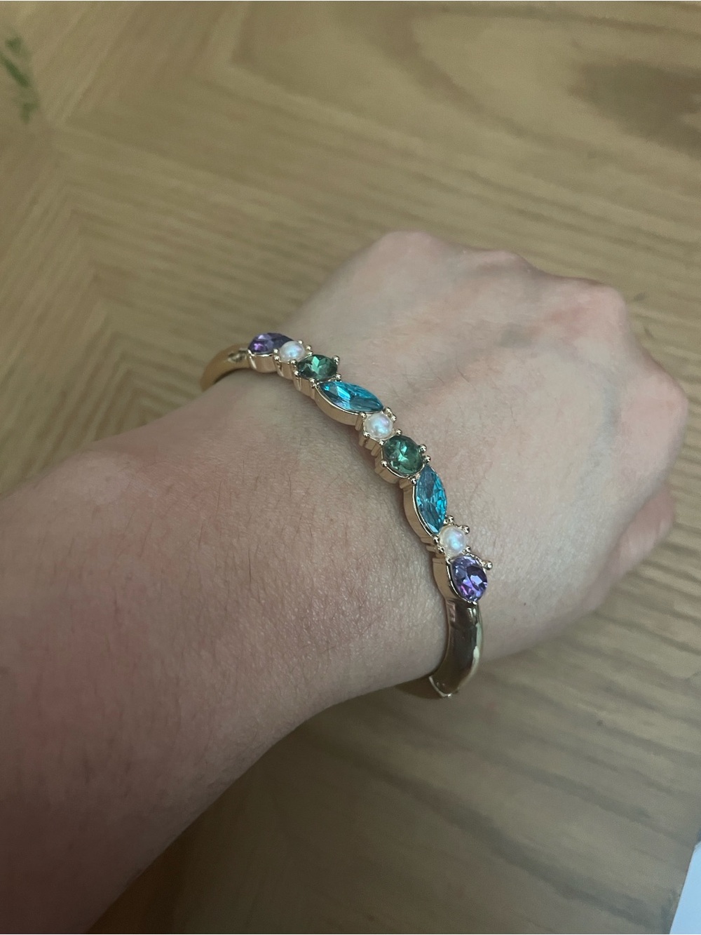Anne Klein Gold-Tone Bracelet with Teal, Green, Purple & Pearl Accents - Picture 5 of 7